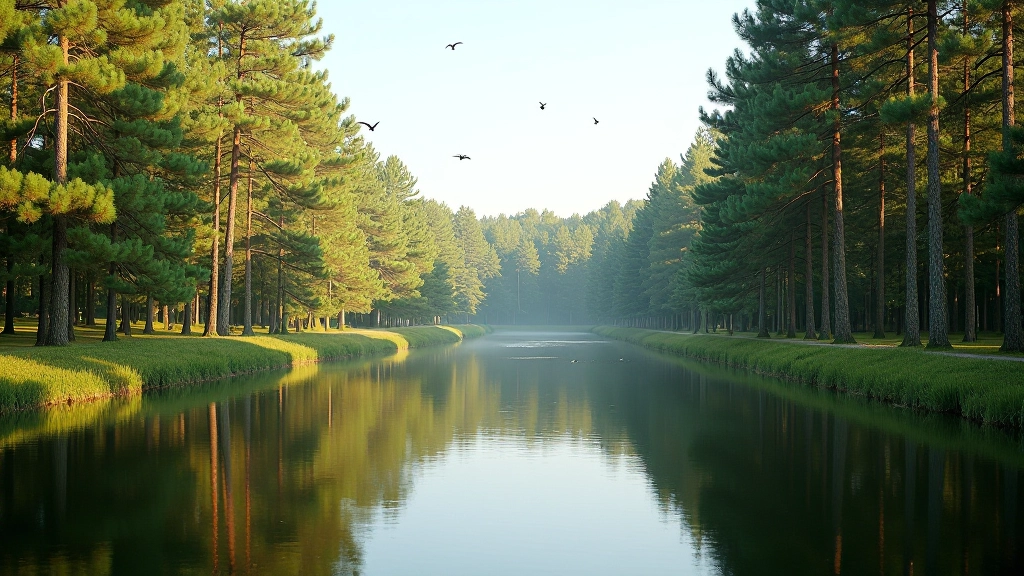 Daugavpils kanāla skaists posms ar priešu audzi, ūdens atspīdums, mierīga atmosfēra