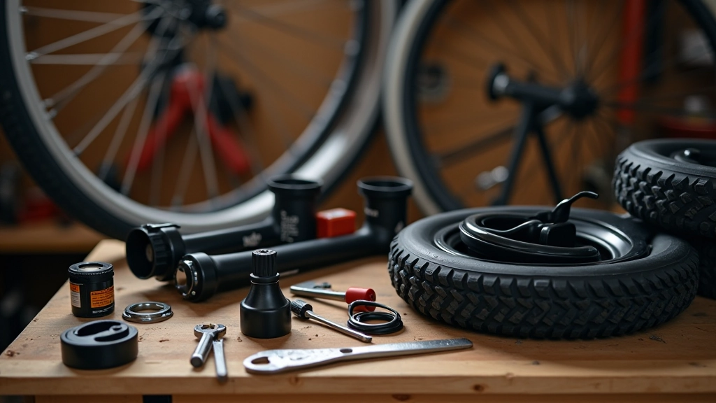 Remonta komplekts ar velosipēda riepām, sūkni un rīkiem uz darba virsmas
