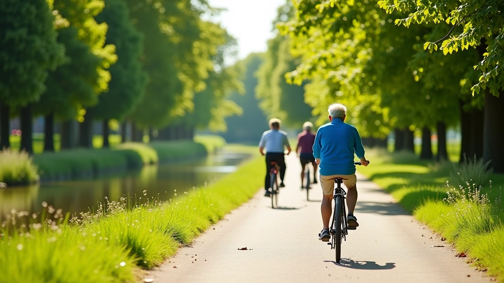 Mierīgs Daugavpils kanāla maršruts ar trim pensionāriem uz velosipēdiem, zaļā vide apkārt, saulains laiks