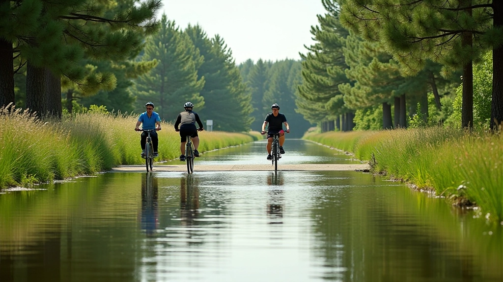 Skaidra ūdens kanāls ar trijiem velosipēdistiem uz ceļa, priedes un zāļu paisums